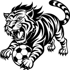 A complete fierce tiger, roaring in black and white, with claws playing with a soccer ball	