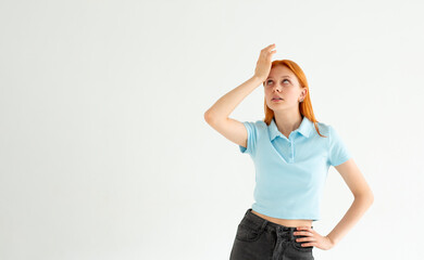Gosh why me. Portrait of unhappy displeased and annoyed young arrogant woman in blue top...