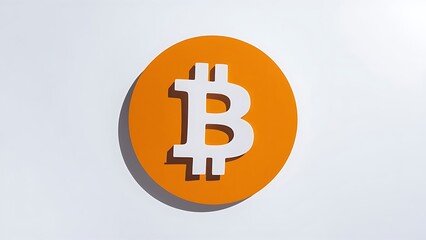A bold, white Bitcoin symbol (₿) centered within an orange circle