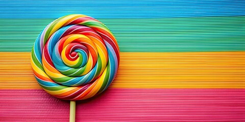 Colorful spiral lollipop on stick with vibrant stripes and round shape, candy, sweet, swirl, confectionery, dessert