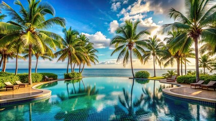 Tropical resort pool surrounded by lush palm trees and overlooking the ocean , tropical, resort, pool, palm trees