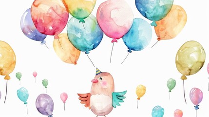 A watercolor painting of a bird holding a bunch of balloons. The bird is surrounded by colorful balloons.
