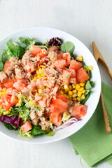 Mixed salad with tuna seen from above