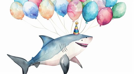 A watercolor painting of a shark wearing a party hat and holding a bunch of balloons.