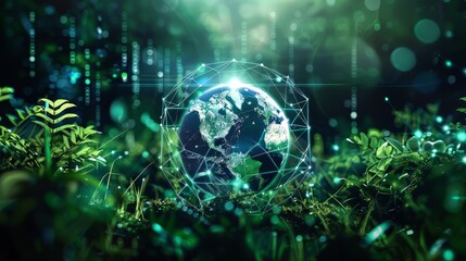 Obraz premium Abstract background of the earth globe digitally connected and using green energy across the globe