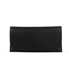 A ladies' black wallet or a clutch, made with  leather.