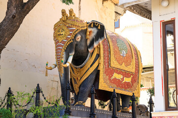 Elephant statue at 400 year old historic City palace in Udaipur city, Rajasthan, India