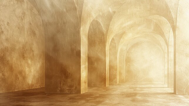 Beige-toned corridor with stone arches, evoking a sense of timelessness and tranquility. Perfect for heritage sites, rustic interiors, and artistic designs.