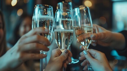 Champagne Toast: Friends raising glasses of champagne for a toast, celebrating New Year's Eve.