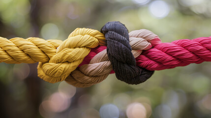 Fototapeta premium A close-up of a knot tied from ropes of colorful twine. The concept of symbiosis, cooperation, compromise, and collaboration.