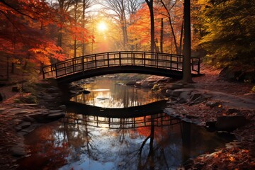 Fototapeta premium Tranquil autumn scene bridge over lake surrounded by colorful trees and pathway with fallen leaves