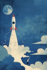 Fototapeta premium A person watching a rocket flying on a blue background