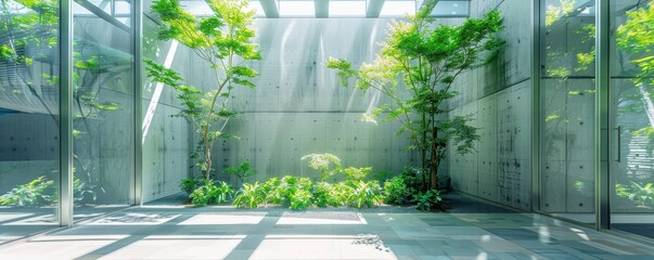 the entrance hall of a modern office building with a glass window and green plants