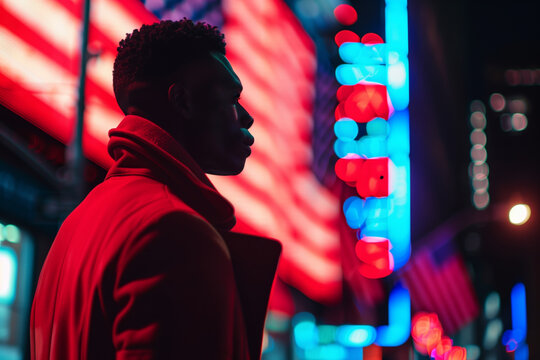 Young man in red jacket against vibrant city lights. Generative AI image