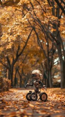 Naklejka premium an old metallic robot with two wheels riding on a road with falling leaves around it