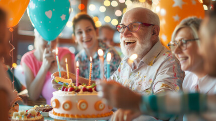 Birthday party of senior man with balloons and birthday cake
