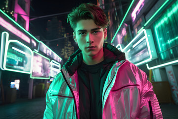 Obraz premium Handsome Gen-Z male in fashionable neon Generative Ai,