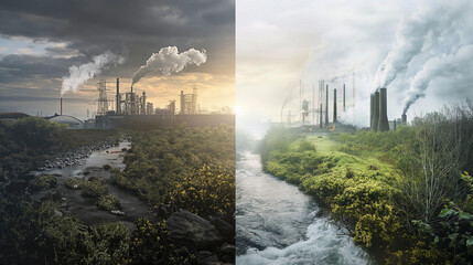 Industrial Smog Versus Lush Meadow Landscape at Sunset: This Image Depicts a Stark Contrast Between Two 