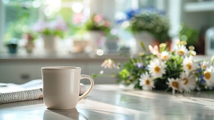 Fototapeta premium Empty coffee cup on a kitchen counter with a morning newspaper and fresh flowers in the background, providing a cozy morning setting with plenty of space for text