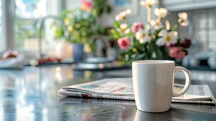 Empty coffee cup on a kitchen counter with a morning newspaper and fresh flowers in the background, providing a cozy morning setting with plenty of space for text