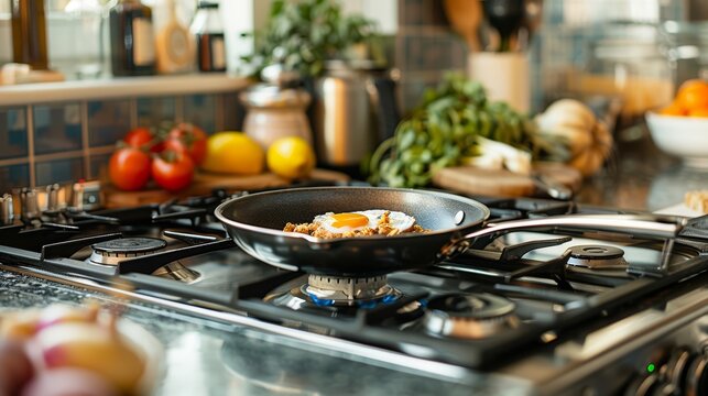 Kitchen stove with a frying pan and ingredients for breakfast, offering a homey and inviting morning scene with ample space for text