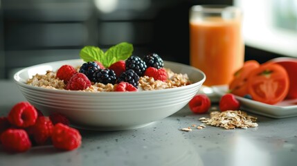 Clean kitchen counter with a bowl of oatmeal, fresh berries, and a glass of juice, offering a healthy morning breakfast scene with plenty of space for text