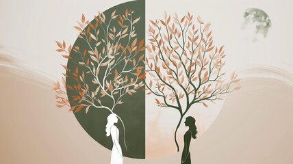 Horizontal AI illustration abstract depiction of two women and intertwined trees. Graphic resources.