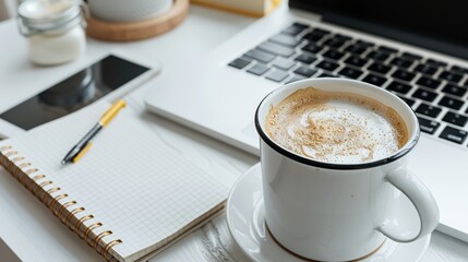 Clean workspace with a laptop, notebook, and morning coffee, capturing a productive morning routine with significant space for text