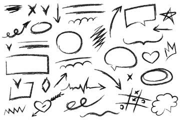 Scribble doodle paint underline children set, marker scratch, vector pen squiggle kit, black stoke. Kids hand drawn pencil abstract sketch, speech bubles, star, heart. Scribble doodle