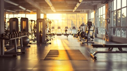 Clean gym with morning light and fitness equipment, capturing an energetic and healthy morning routine with significant space for text