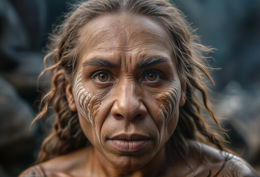 Close-up portrait of a neandertal woman - Generative AI