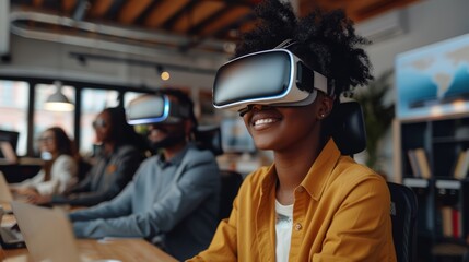 online marketing professionals using advanced analytics tools and virtual reality headsets to enhance campaign performance in a modern office