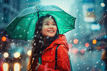 Attractive young woman with a green umbrella on a rainy day