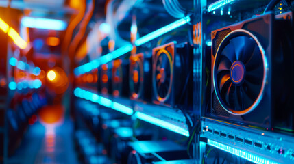 Cryptocurrency Mining Rigs in Operation. Close-up of cryptocurrency mining rigs in operation with glowing LED lights, showcasing the high-tech environment of digital currency mining.