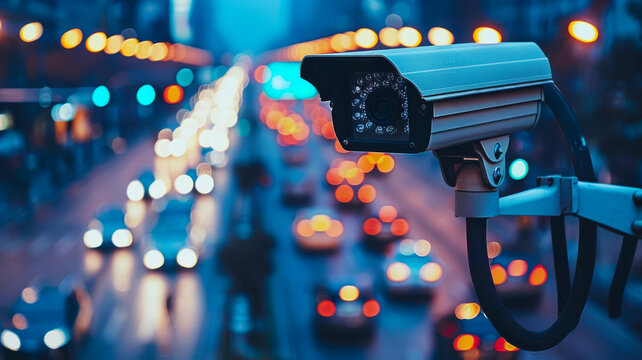 Security Camera Monitoring Busy City Intersection. Security camera overlooking a busy city intersection with blurred car lights, symbolizing urban surveillance, safety, and modern technology. cctv