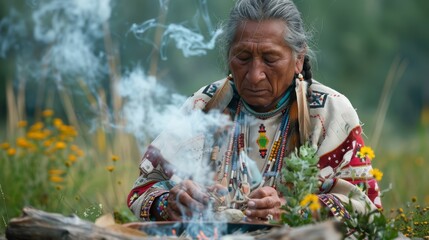 Native American healer in traditional regalia, performing a healing ritual with herbs and natural elements in a community setting, emphasizing holistic health practices