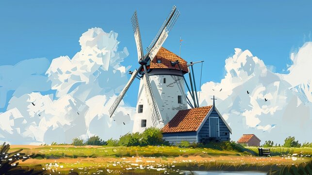 Artistic painting of rural countryside scene with traditional windmill