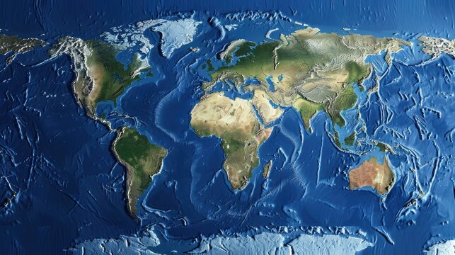 Satellite map of the world in Eckert III projection repositioned to center of North American tectonic plate