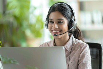 Happy call center agent wearing headset talking to client working in customer support office. Professional contract service telemarketing operator using laptop having conversation. Candid shot