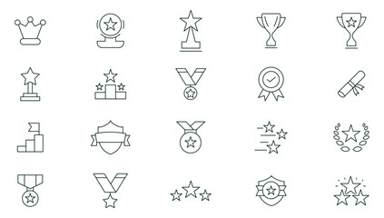 Awards line icons set. Reward, bonus, loyalty, star, winner, benefit, trophy cup, medal, champion, awards and bonuses outline icon collection. Thin outline icons pack.