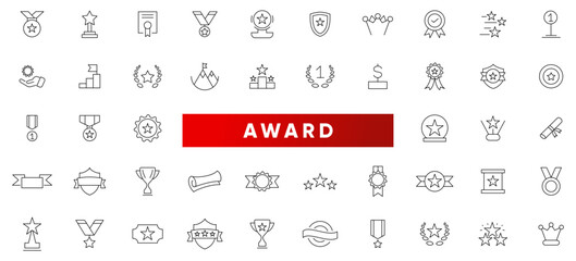 Awards line icons set. Reward, bonus, loyalty, star, winner, benefit, trophy cup, medal, champion, awards and bonuses outline icon collection. Thin outline icons pack.