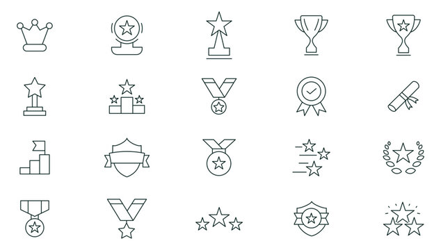 Awards line icons set. Reward, bonus, loyalty, star, winner, benefit, trophy cup, medal, champion, awards and bonuses outline icon collection. Thin outline icons pack.