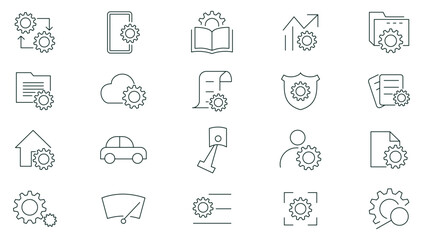 Repair and servicing line  icons set. Setup and setting, fix, setting, help, operation, gear, processing, tools outline icon collection. Thin outline icons pack.