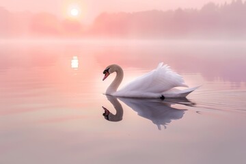 Obraz premium Graceful Dawn: Serene Swan Gliding on a Misty Lake at Sunrise