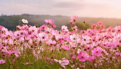 Field of pink spring or summer flowers with soft blurred background. Beautiful nature.