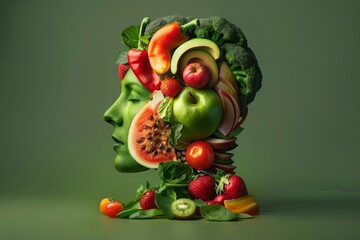 An imaginative side profile of a human head made from assorted fruits and vegetables, featuring vibrant colors and a surreal art style, creative concept of nutrition