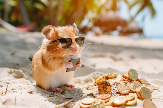 A hamster on the beach captures a bunch of coins on his smartphone. Concept of a banner for earning money on cryptocurrency
