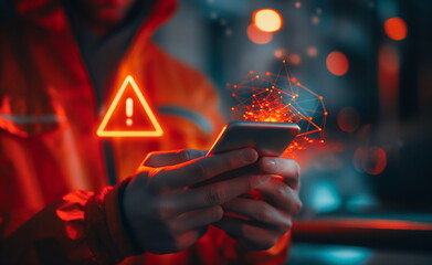 System warning caution sign on smartphone, scam virus attack on firewall for notification error and maintenance. Network security vulnerability, data breach, illegal connection and information danger.