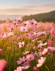 Obraz premium Field of pink spring or summer flowers with soft blurred background. Beautiful nature.