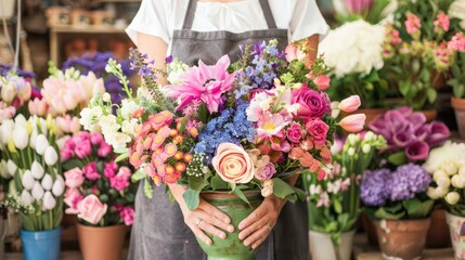 Obraz premium a woman adorned in professional attire, delicately holding an elegant flower arrangement inside a grey ceramic pot with a white ribbon, accented by lush green leaves at the bottom.